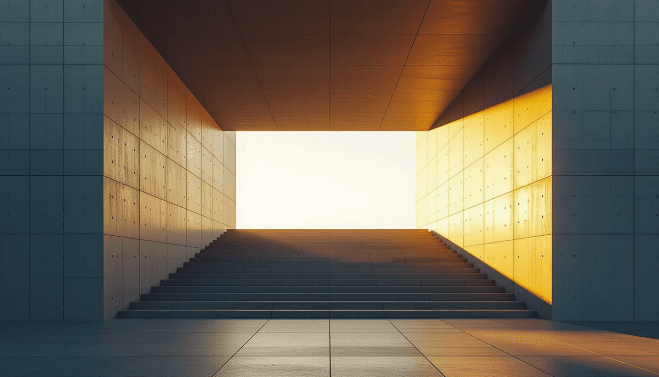 Golden hour light filters through a massive concrete archway, casting deep shadows that frame a slee