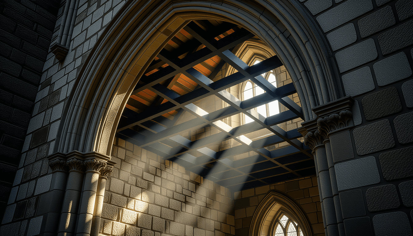 Sunlight streams through a Gothic stone archway, highlighting the contrast between weathered, crumbl