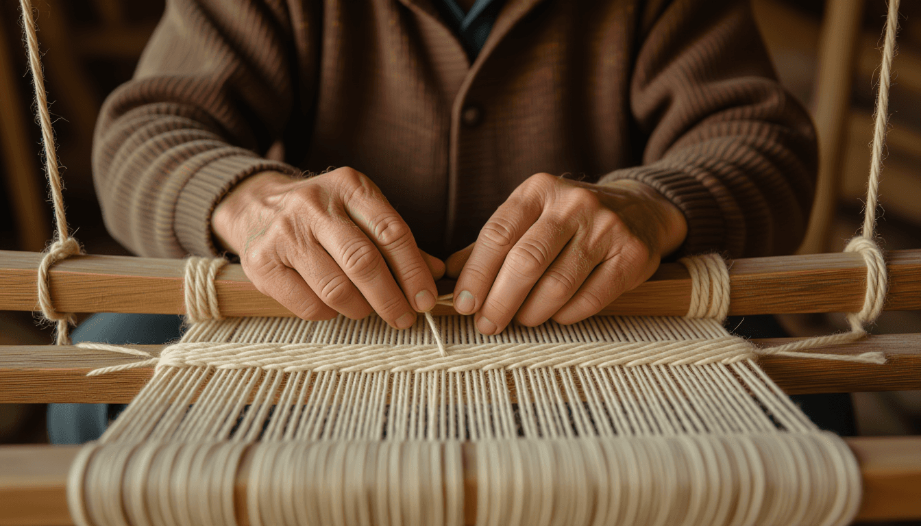 Overcast diffused light illuminates calloused hands meticulously weaving intricate threads on a rust