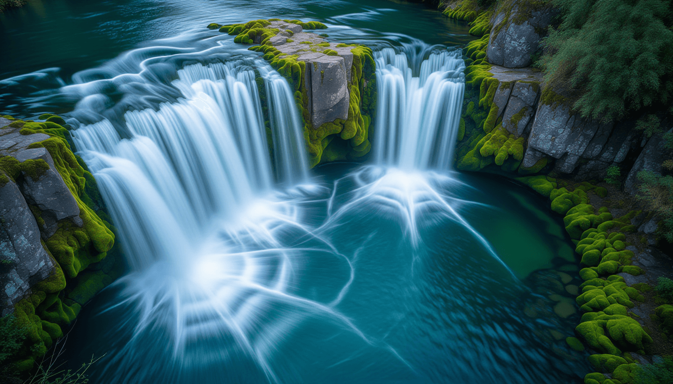 Aerial long exposure captures three distinct stages of a river: a turbulent waterfall plunging into