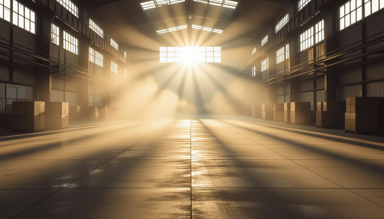 Morning light slices through heavy factory fog, illuminating dust motes in sharp, tangible beams tha
