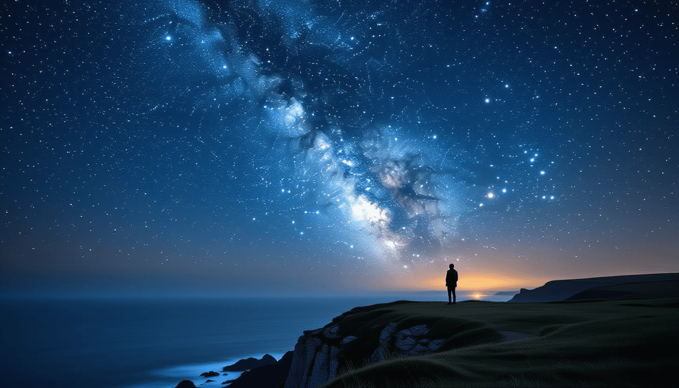 A lone figure stands on a windswept cliff edge, silhouetted against a vast, star-dusted twilight sky