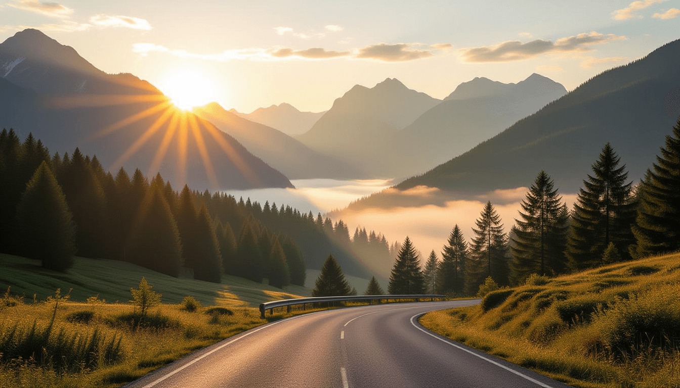 Golden hour light spills over a vast, misty valley where a solitary winding road carves through anci