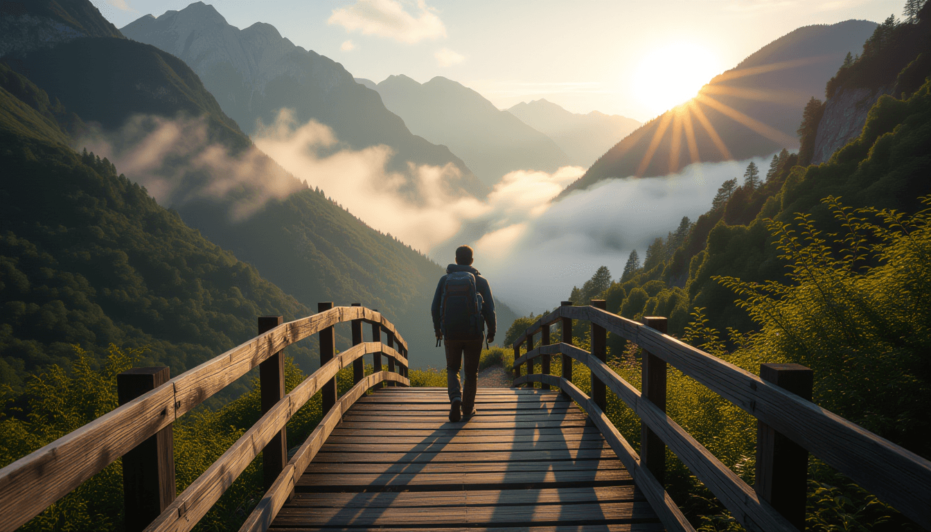 A rugged hiker pauses on a weathered wooden bridge spanning a misty mountain gorge at golden hour, e