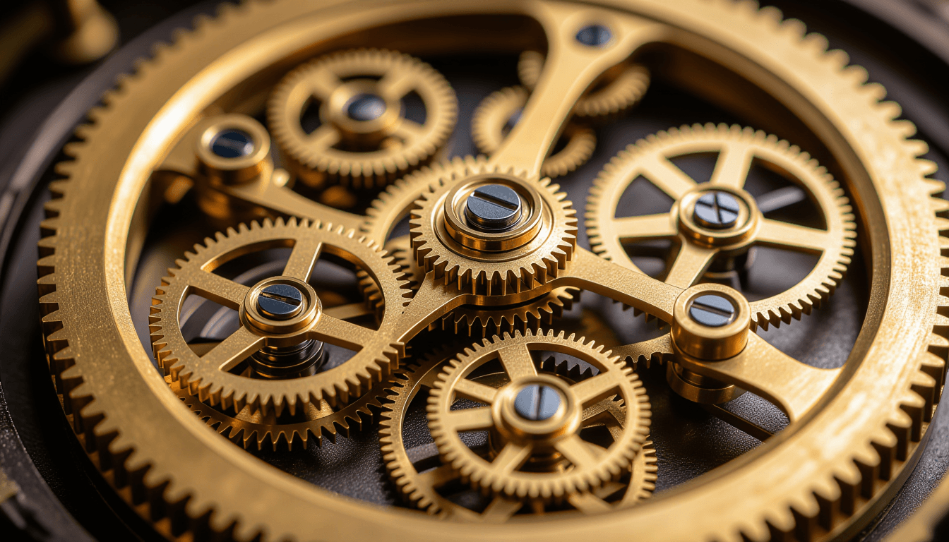 Sunlight catches the brass teeth of a vintage clockwork mechanism, gears interlocking in precise, ki