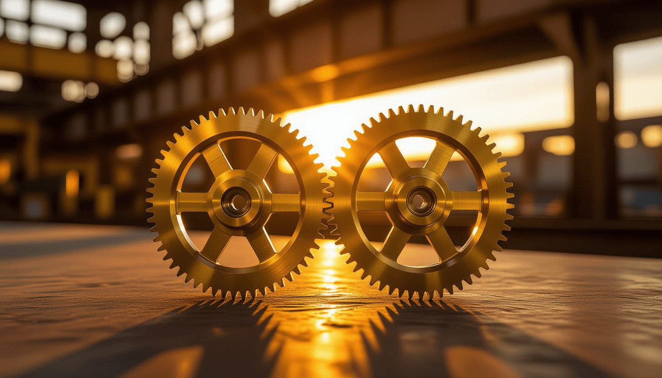 Brass gears interlock under warm golden hour light, their polished surfaces reflecting kinetic motio