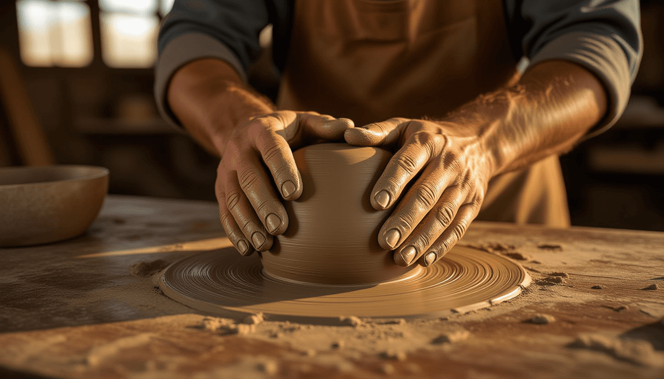 Golden hour light glints off calloused fingers kneading dense, textured clay on a weathered wooden w