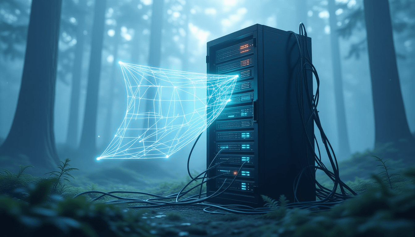 A translucent crystal map unspools from a server tower, revealing glowing paths through a misty fore