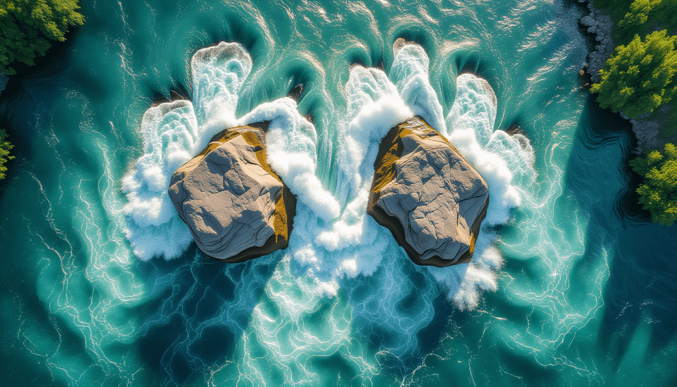 Aerial shot of a turbulent river splitting around two large rocks, creating distinct flow patterns u