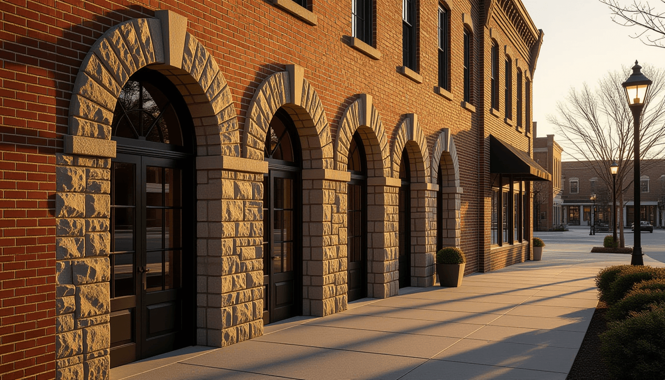 Golden hour light washes over a series of weathered stone arches leading to a renovated brick storef