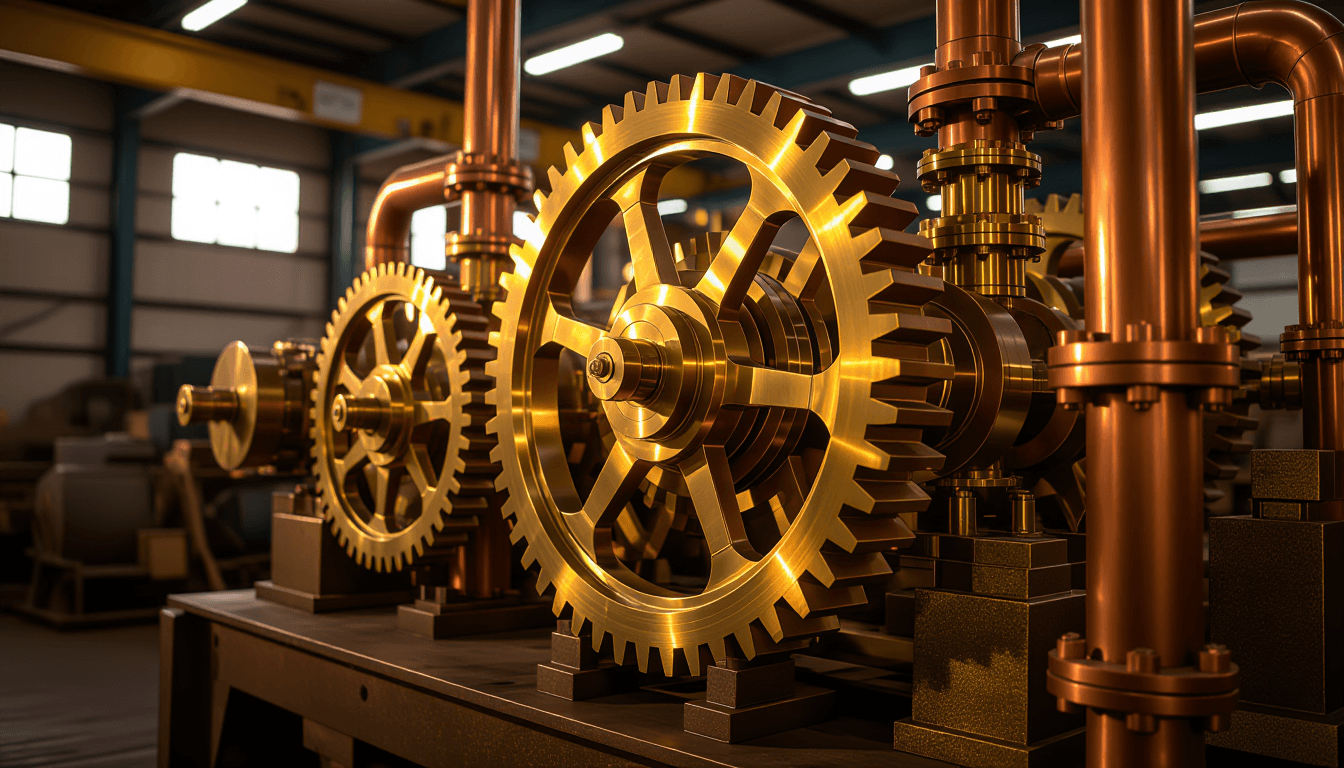 Golden hour light glints off interlocking brass gears and copper pipes in an industrial setting, cap