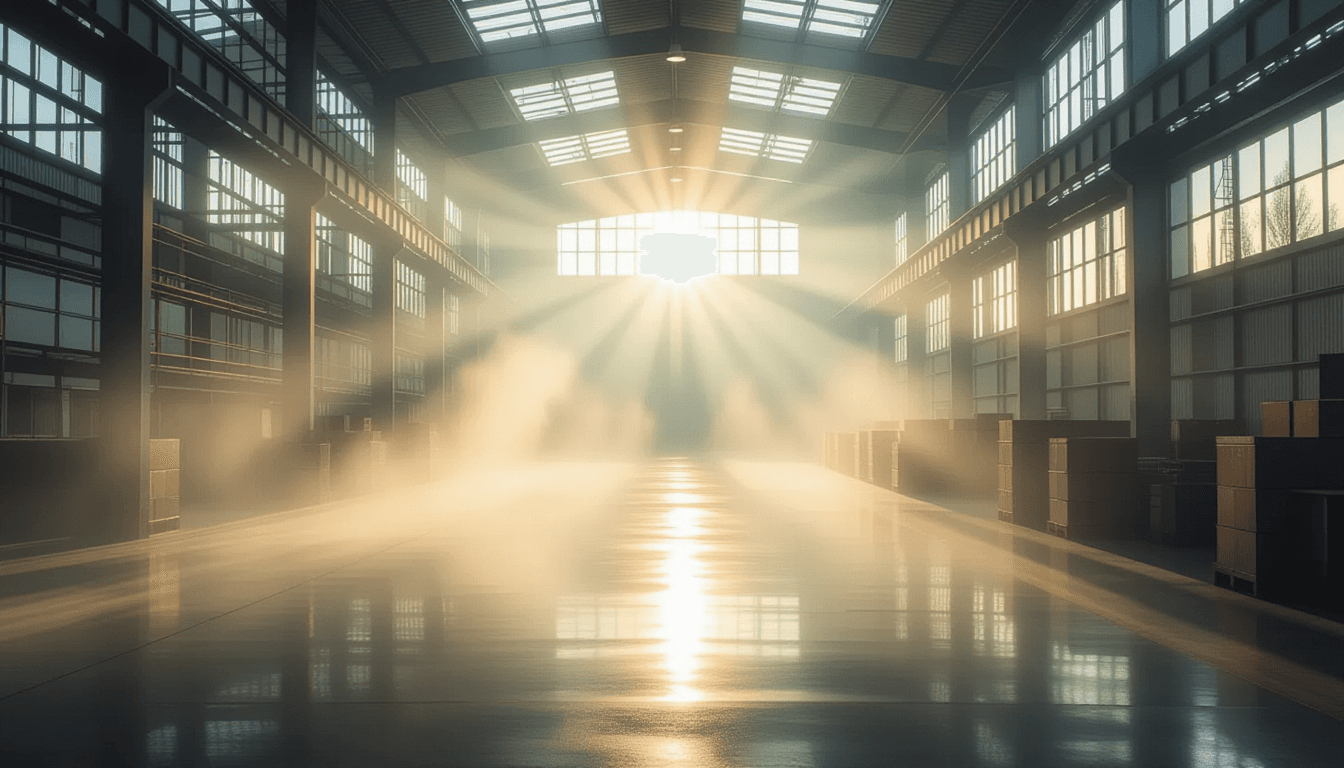 Morning fog rolls through a glass factory, catching sharp beams of dawn light as they refract throug