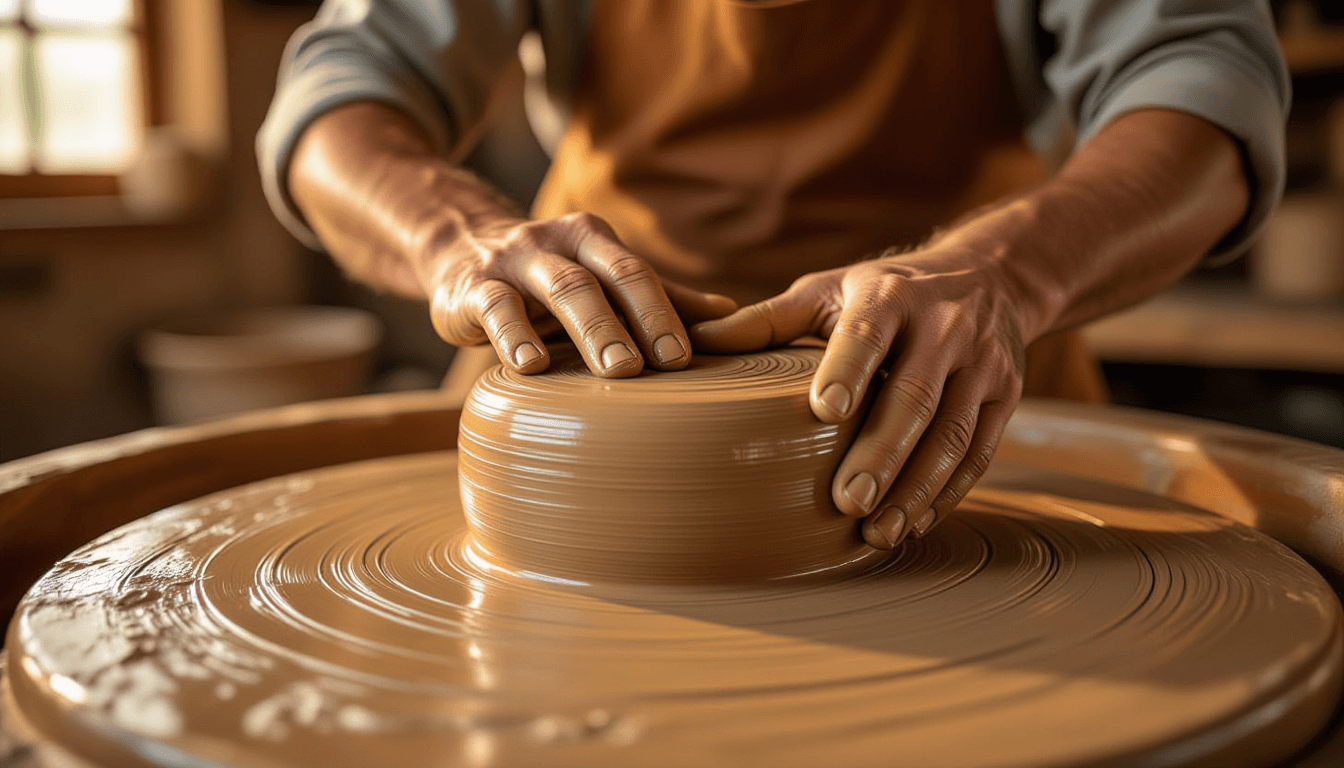 Golden hour light glints off damp, textured clay as calloused hands press deeply into the spinning w