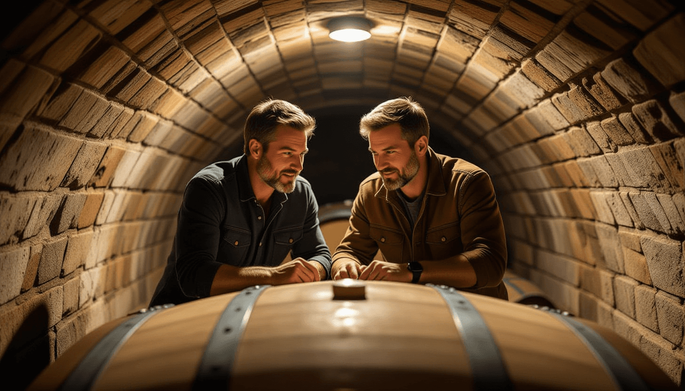 Two winemaking partners in their forties stand shoulder-to-shoulder in a damp stone cellar, leaning