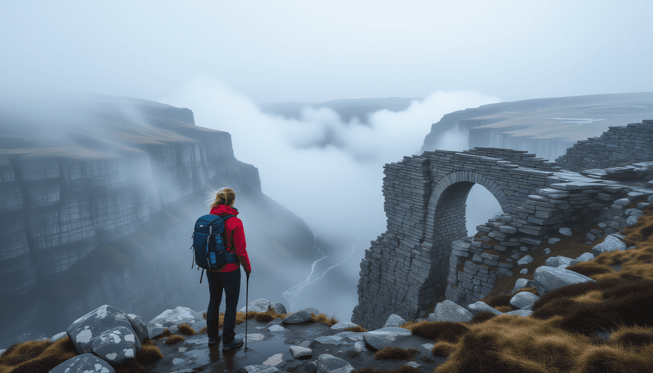 A lone hiker pauses on a rocky ridge, wind whipping their jacket, staring across a vast, mist-shroud