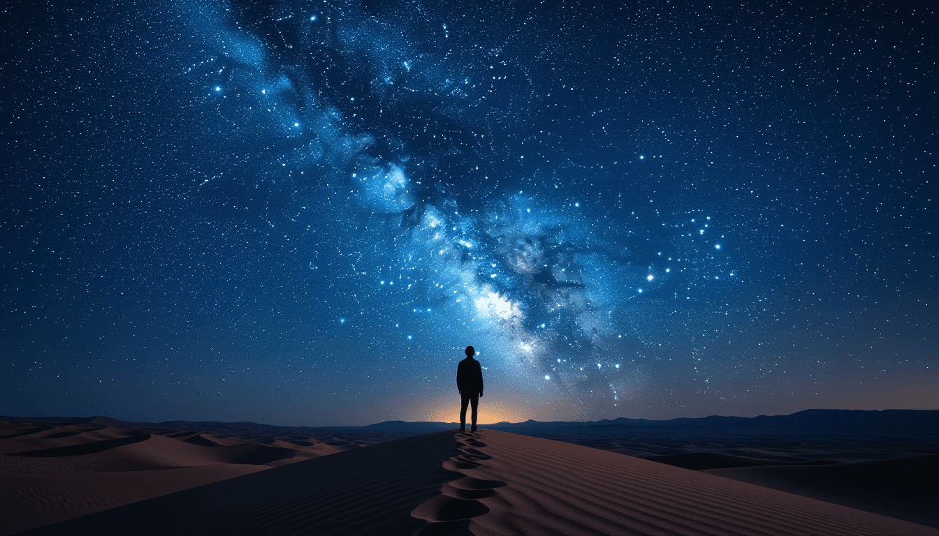 A lone figure stands on a desert ridge under a crisp, star-filled sky, the Milky Way arching overhea