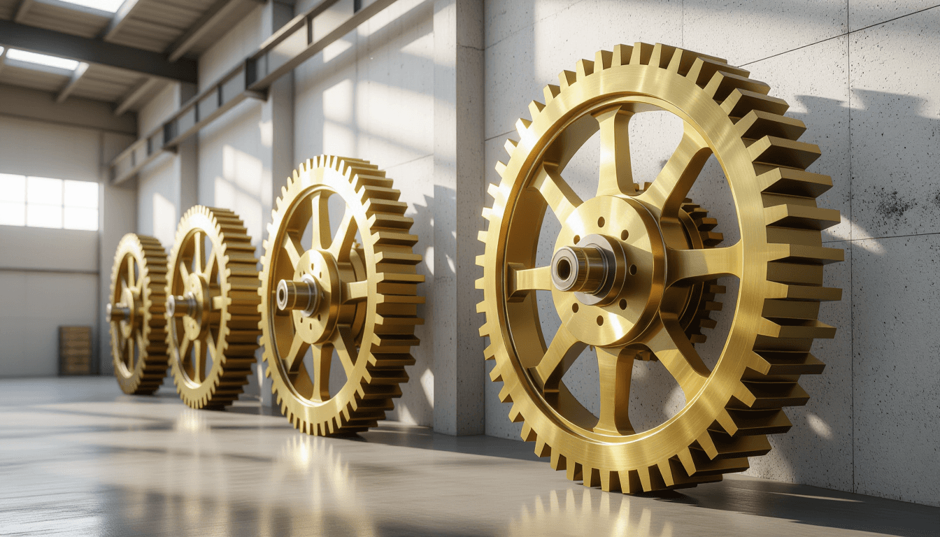 Sunlit industrial hall with massive interlocking brass gears turning slowly against a concrete wall