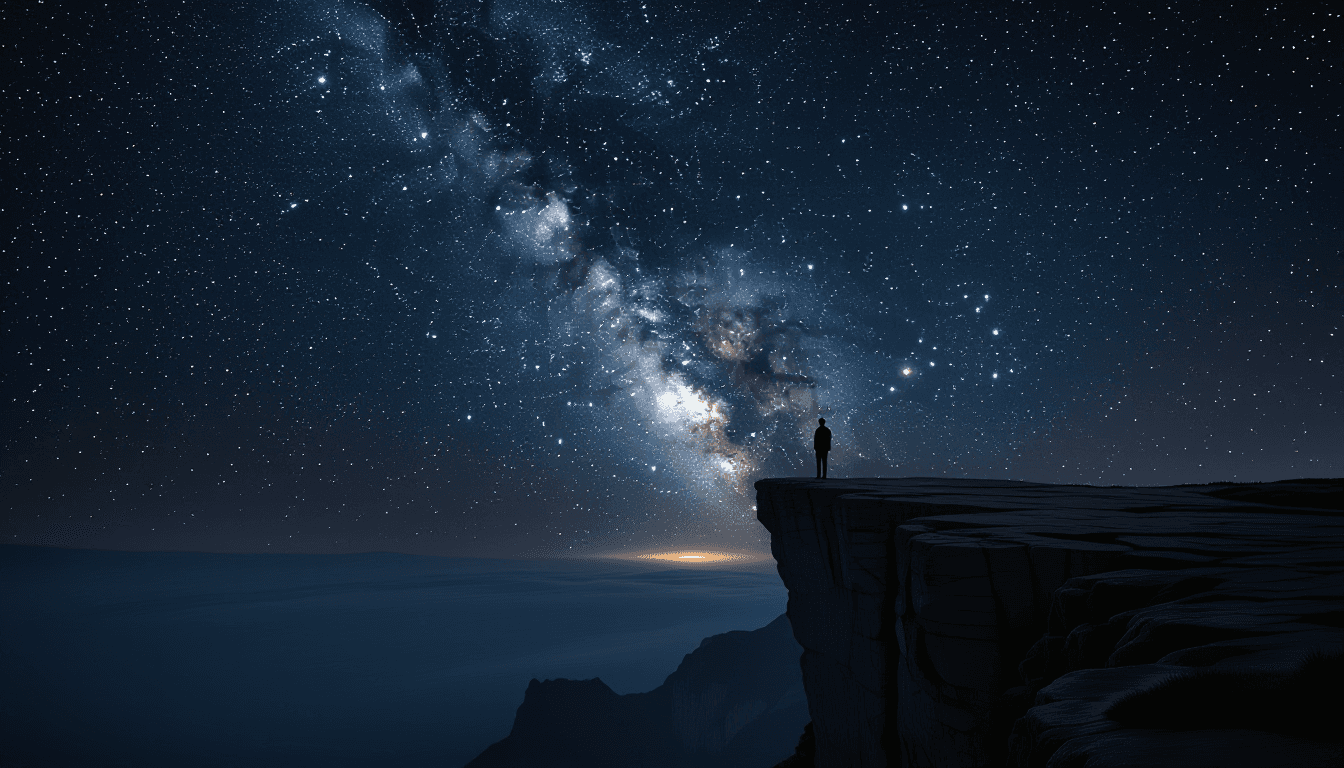 A lone silhouette stands on a jagged cliff edge, dwarfed by the Milky Way’s arc stretching across a