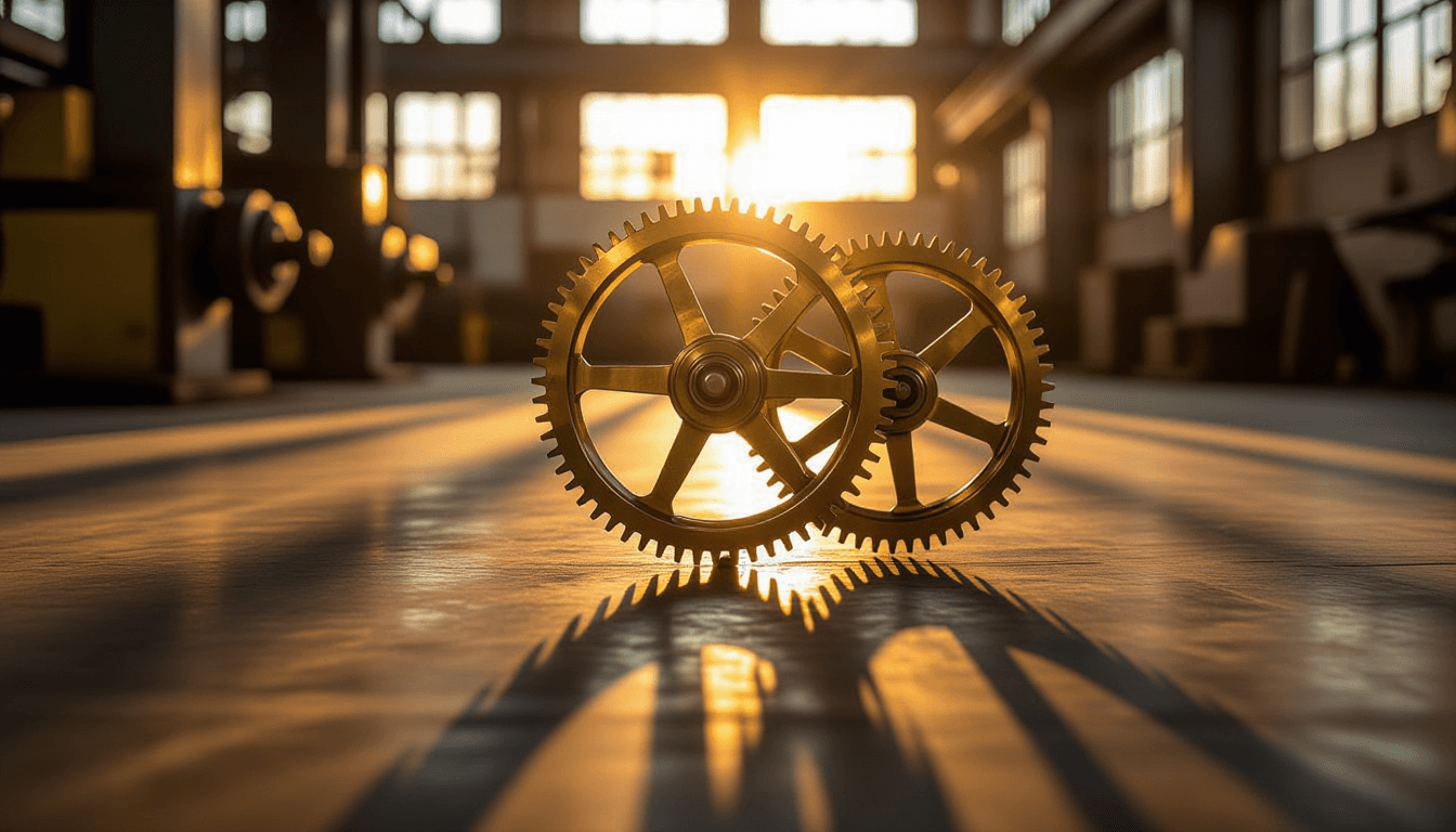Golden hour light glints off polished brass gears turning in harmony, casting long, precise shadows