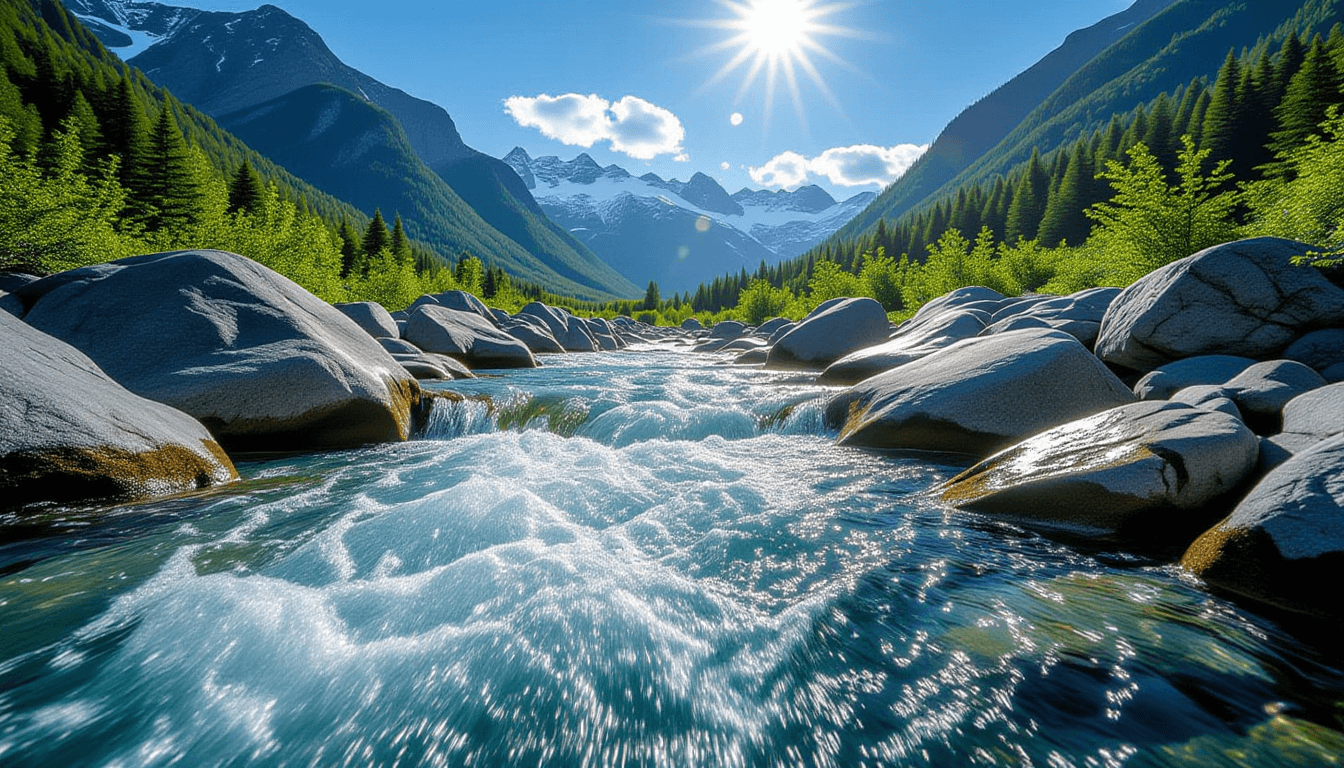 Sunlight catches the rapid flow of a mountain river, its white water rushing over smooth grey stones