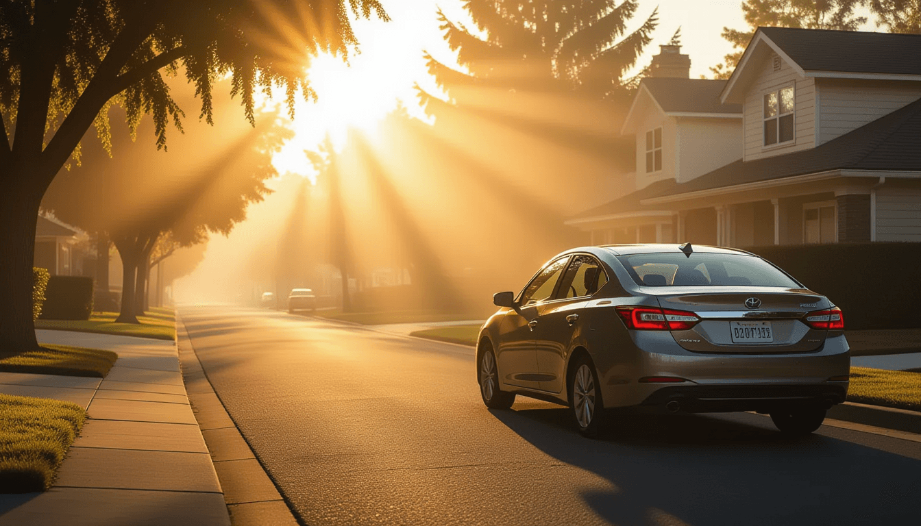 Golden hour light pierces morning fog over a quiet suburban street, casting long, ethereal beams thr