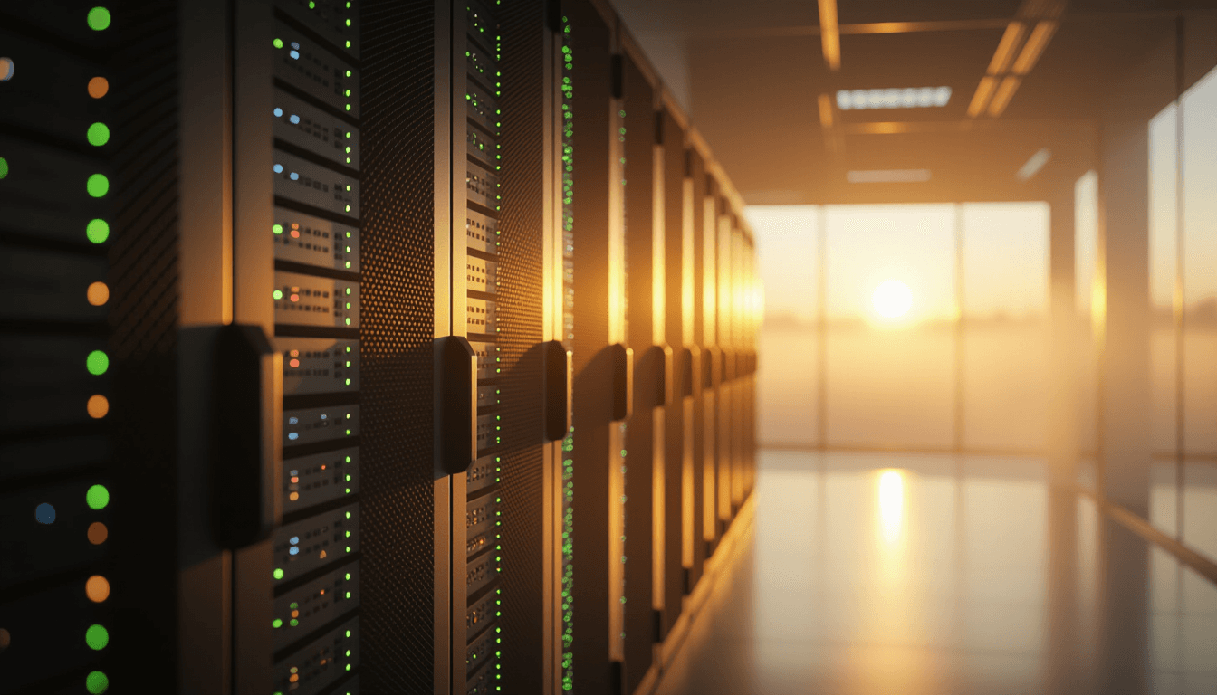Golden hour light pierces through morning fog, illuminating a clean, modern server room where glass