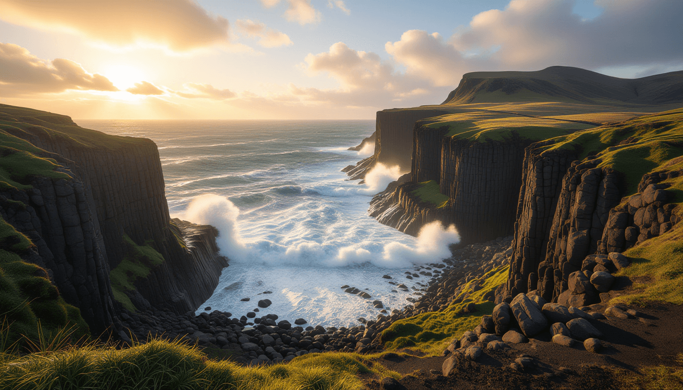 Golden hour light floods a sweeping coastal valley, illuminating rugged basalt cliffs that rise shar
