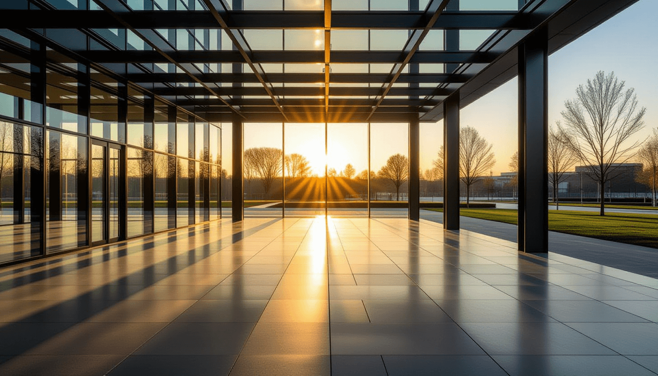 Golden hour light filters through a modern glass pavilion, casting sharp geometric shadows on polish