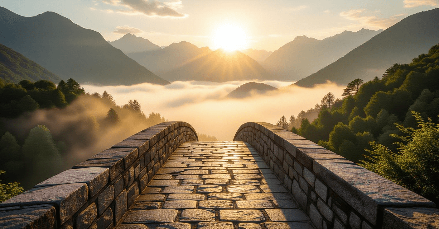 Golden hour light washes over a sturdy stone bridge spanning a misty gorge, its weathered steps lead