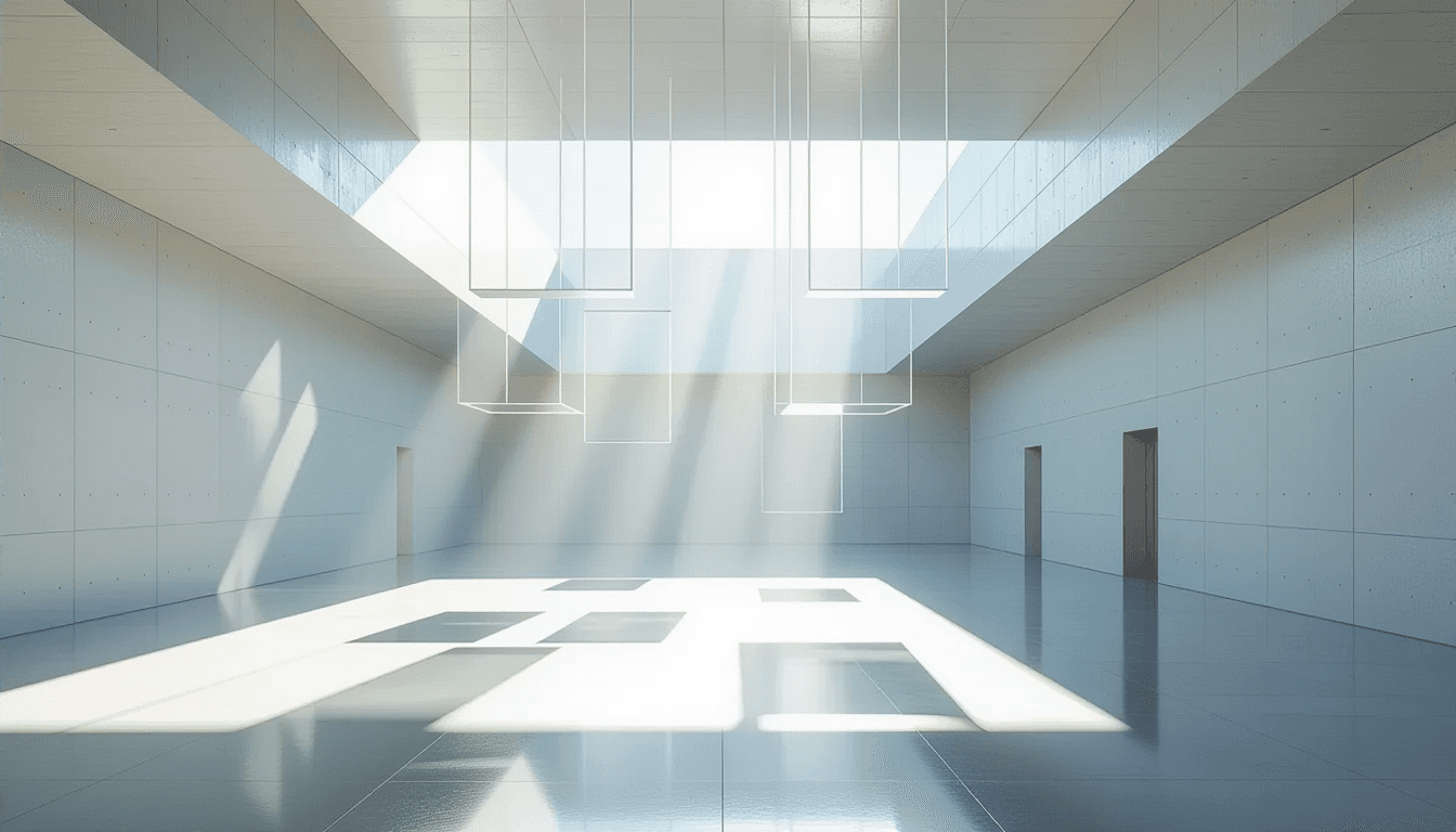 Sunlight filters through layered translucent acrylic planes suspended in a stark concrete atrium, ca
