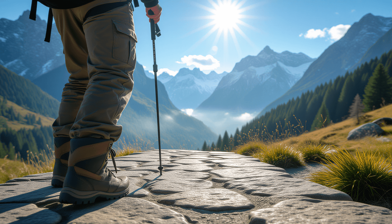 A rugged hiker’s boots step onto a sunlit stone bridge spanning a misty valley, the shallow depth of