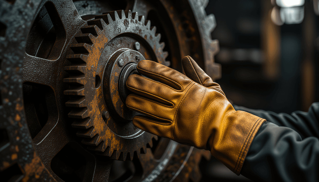 Overcast diffused light reveals rusted industrial gears meshing with a human hand in leather gloves