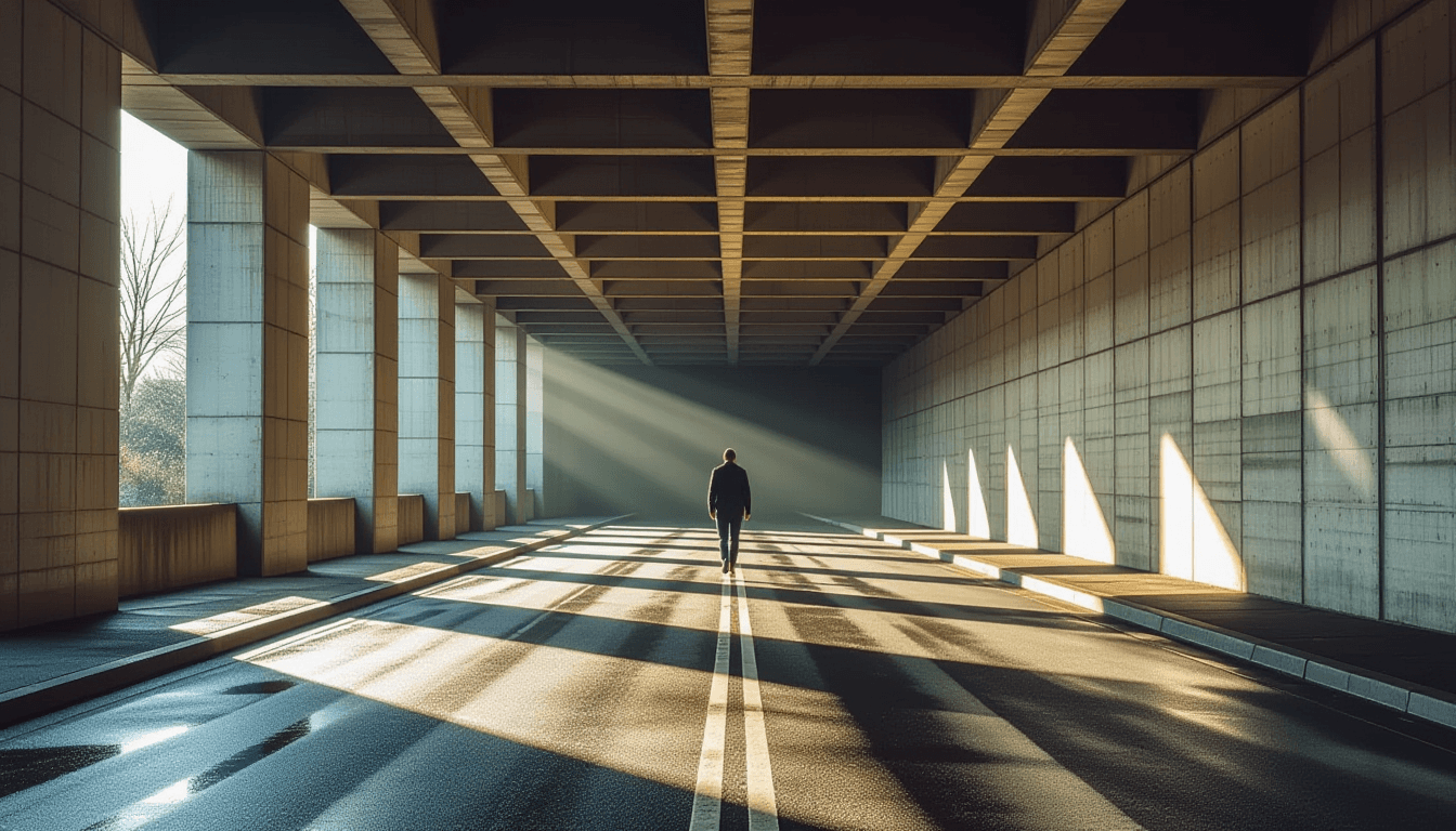 Sunlight streams through the ribbed concrete ribs of a brutalist underpass, casting long, geometric