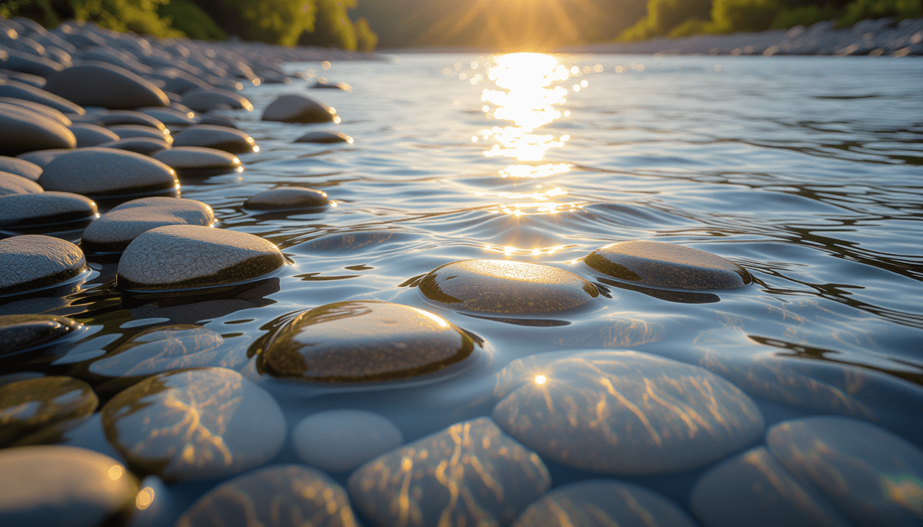 Golden hour light glints off a shallow riverbed, where smooth, distinct stones reveal the underlying