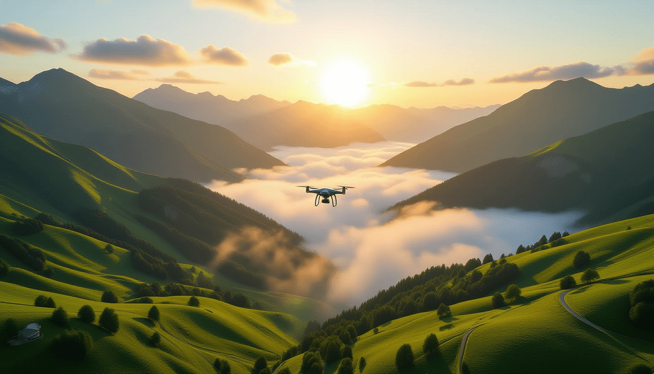 Aerial drone shot over a misty mountain valley at golden hour, capturing the vast expanse where rugg