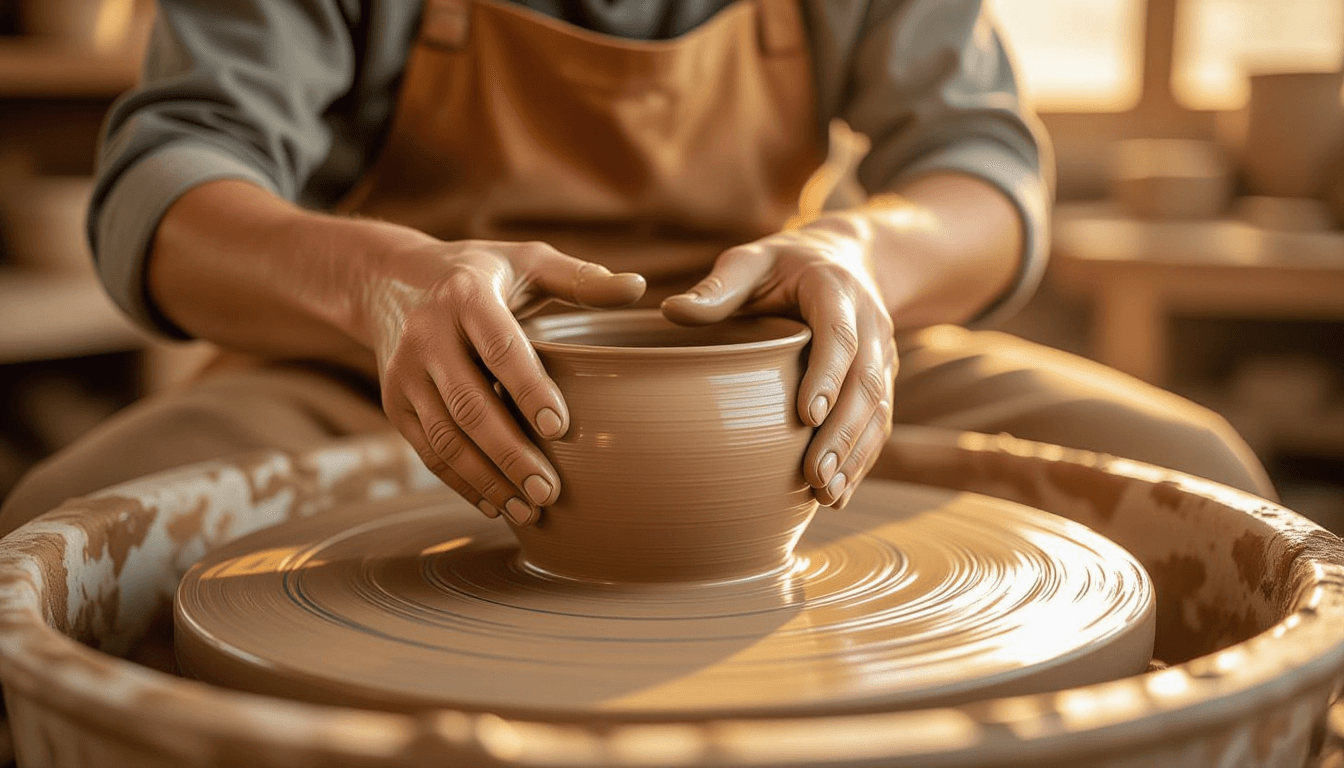 Golden hour light glows over a potter’s wheel, capturing the precise moment skilled hands mold wet c