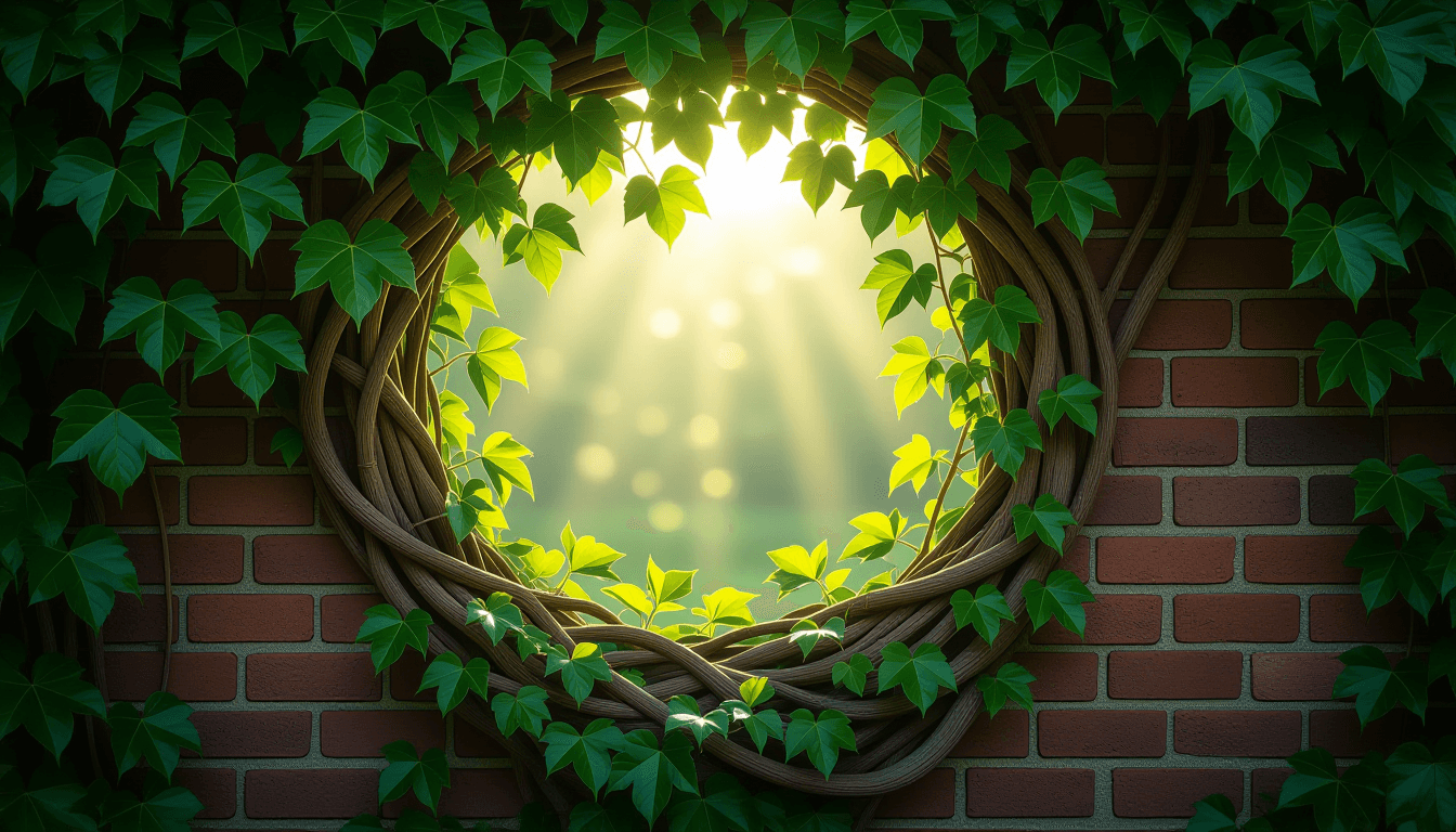 Sunlight filters through a lush, sprawling ivy canopy on a brick wall, highlighting vibrant new leav