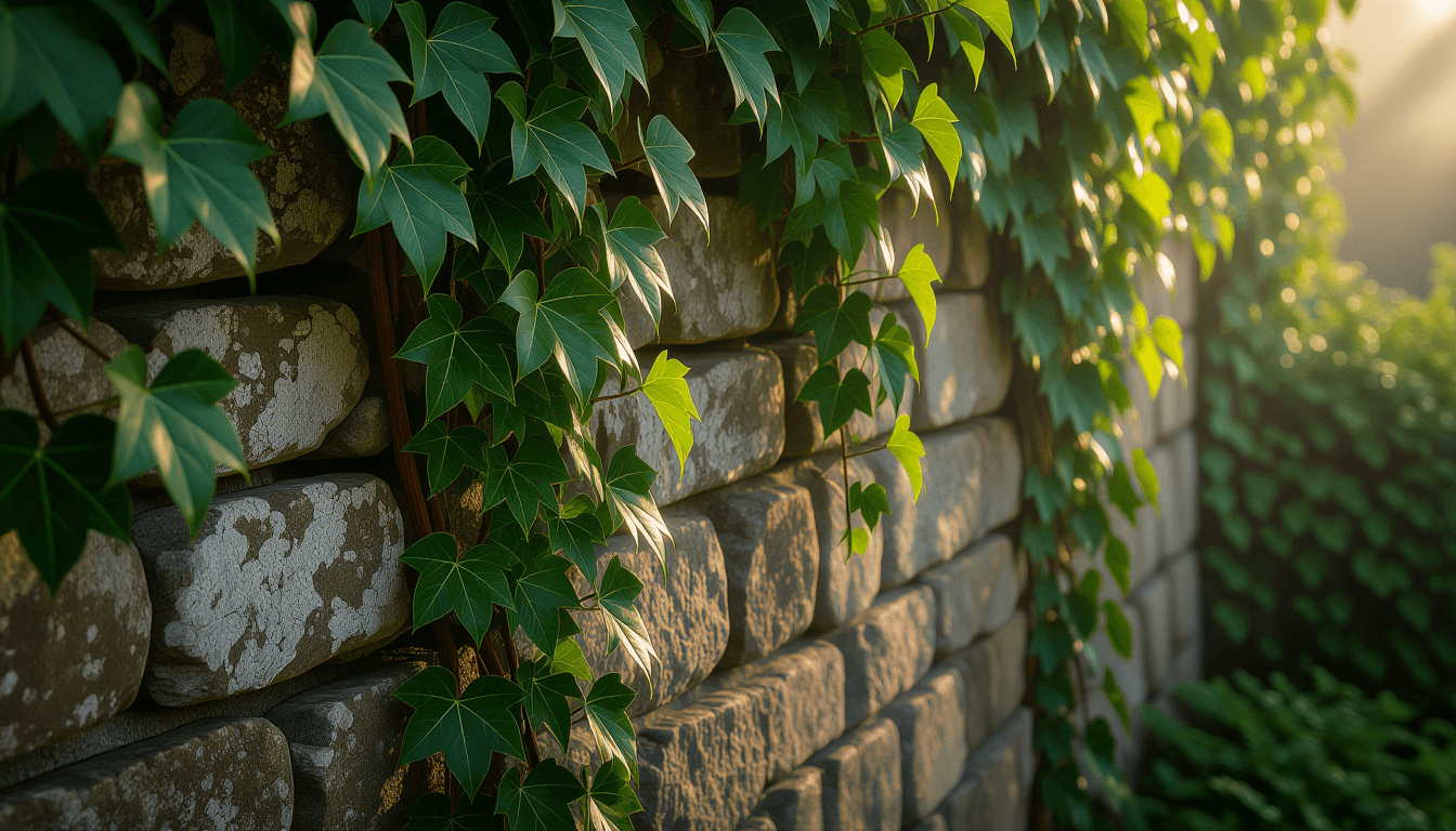 Morning mist clings to thick, intertwining ivy vines climbing a weathered stone wall, their lush gre