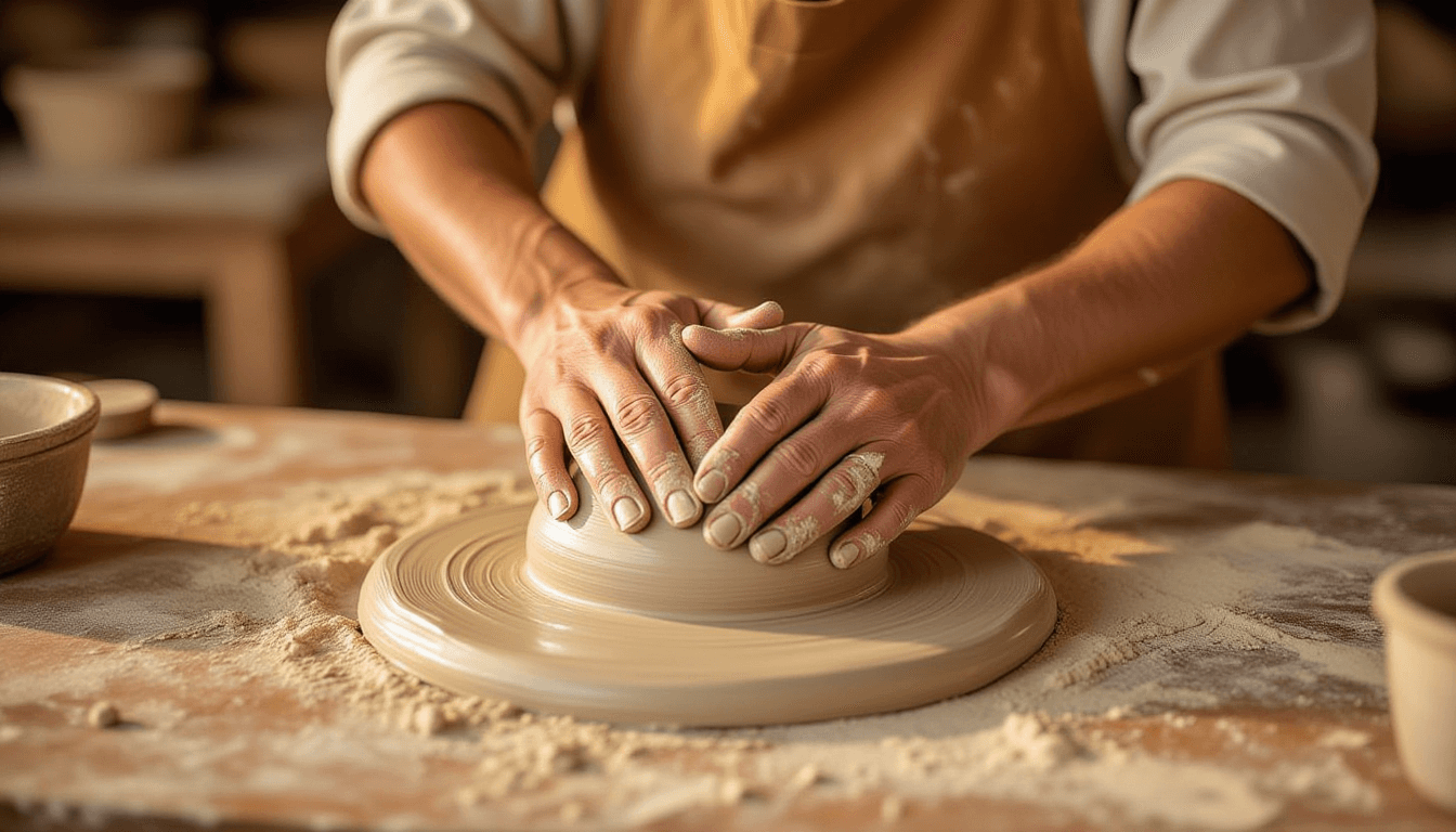 Golden hour light catches hands kneading raw clay on a rustic workbench, the tactile texture of the