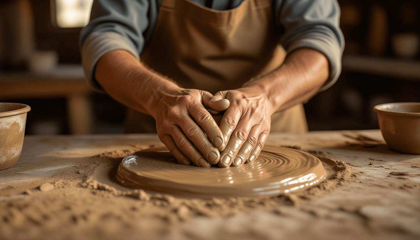 Golden hour light catches weathered hands kneading wet clay, shallow depth of field blurring the rus