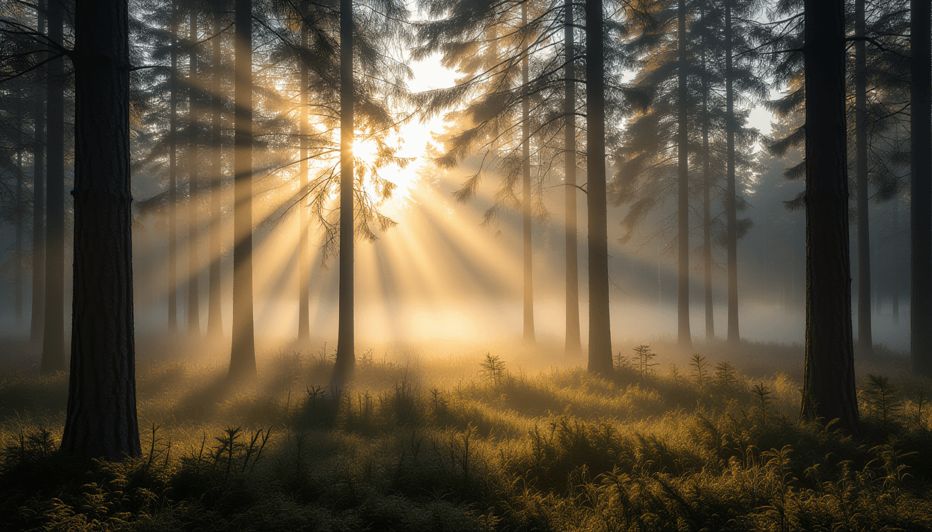 Dawn light pierces through heavy morning fog in a quiet pine forest, illuminating dust motes dancing