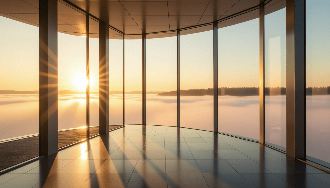 Golden hour sun beams pierce through thick morning fog over a steel-framed glass facade, illuminatin