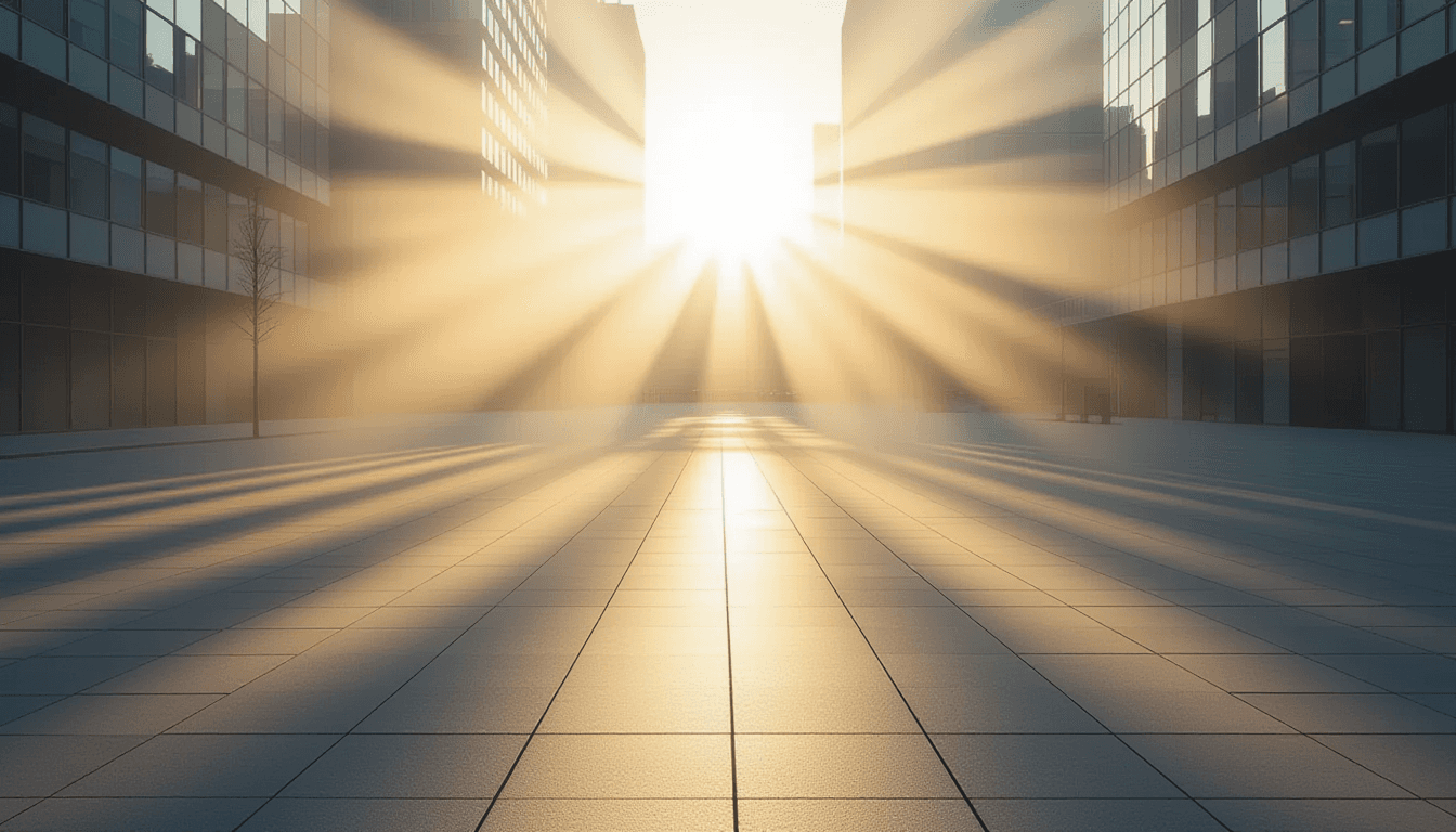Golden hour sunlight pierces through heavy morning fog in an empty urban plaza, casting dramatic vol