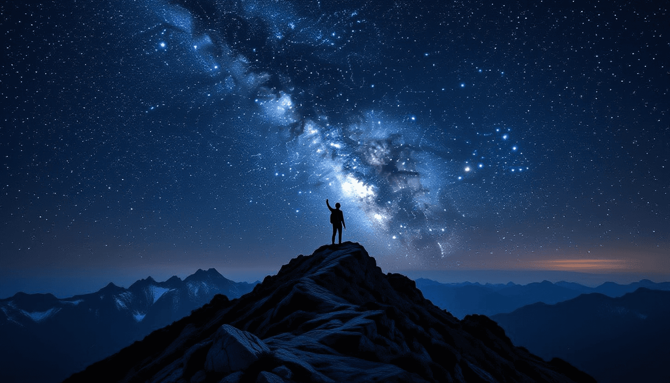 A silhouetted astronomer stands on a jagged mountain ridge under a pitch-black sky, dwarfed by the l