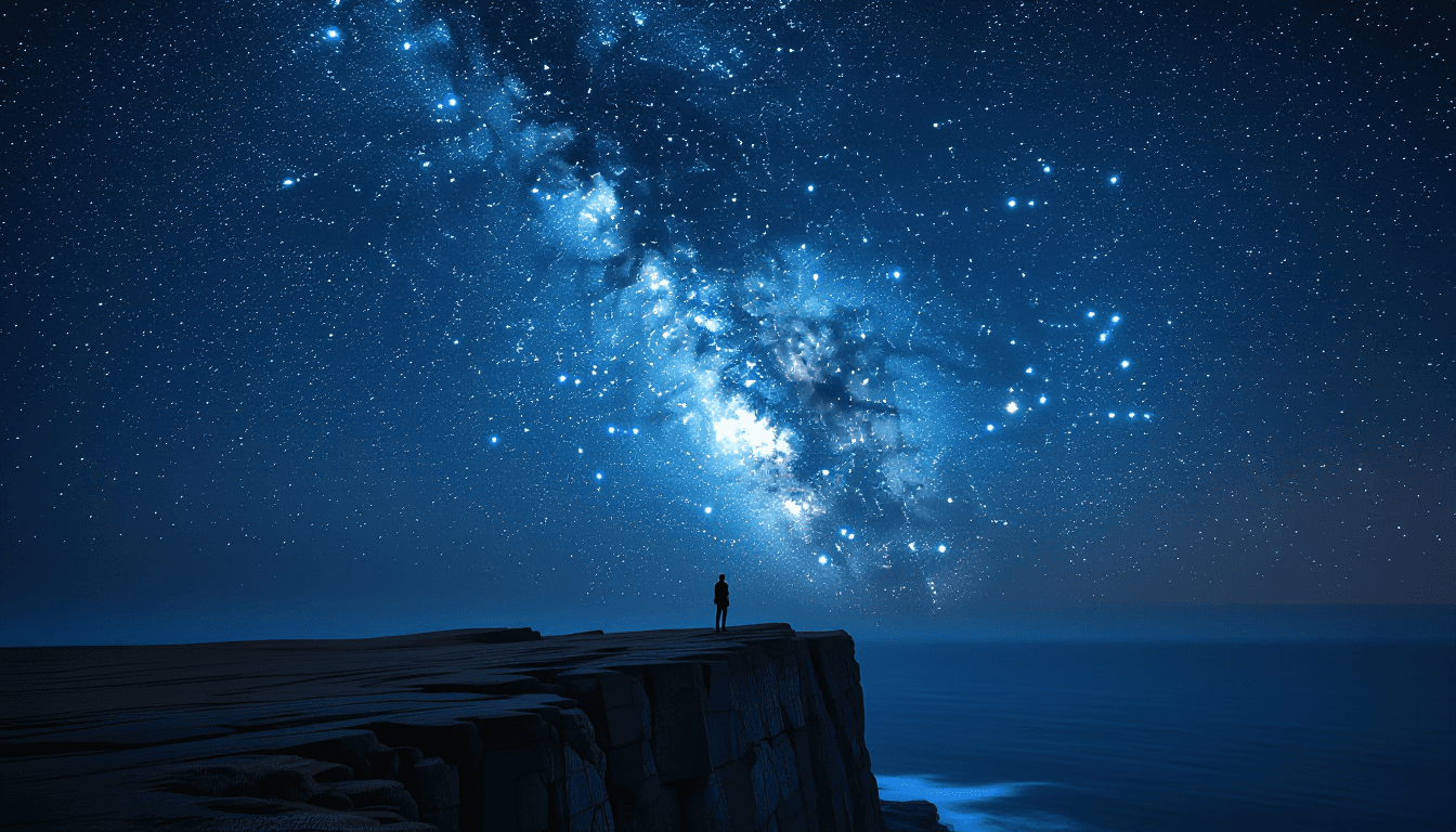 A lone silhouette stands on a windswept basalt cliff under a star-dusted night sky, the Milky Way ar