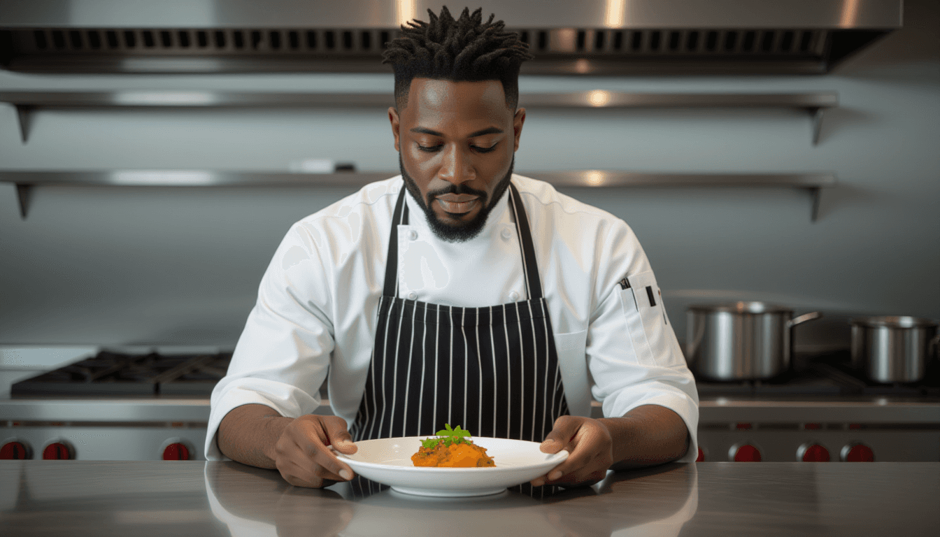 A Black man in his thirties, chef in an uncluttered kitchen, stands behind a stainless-steel prep co