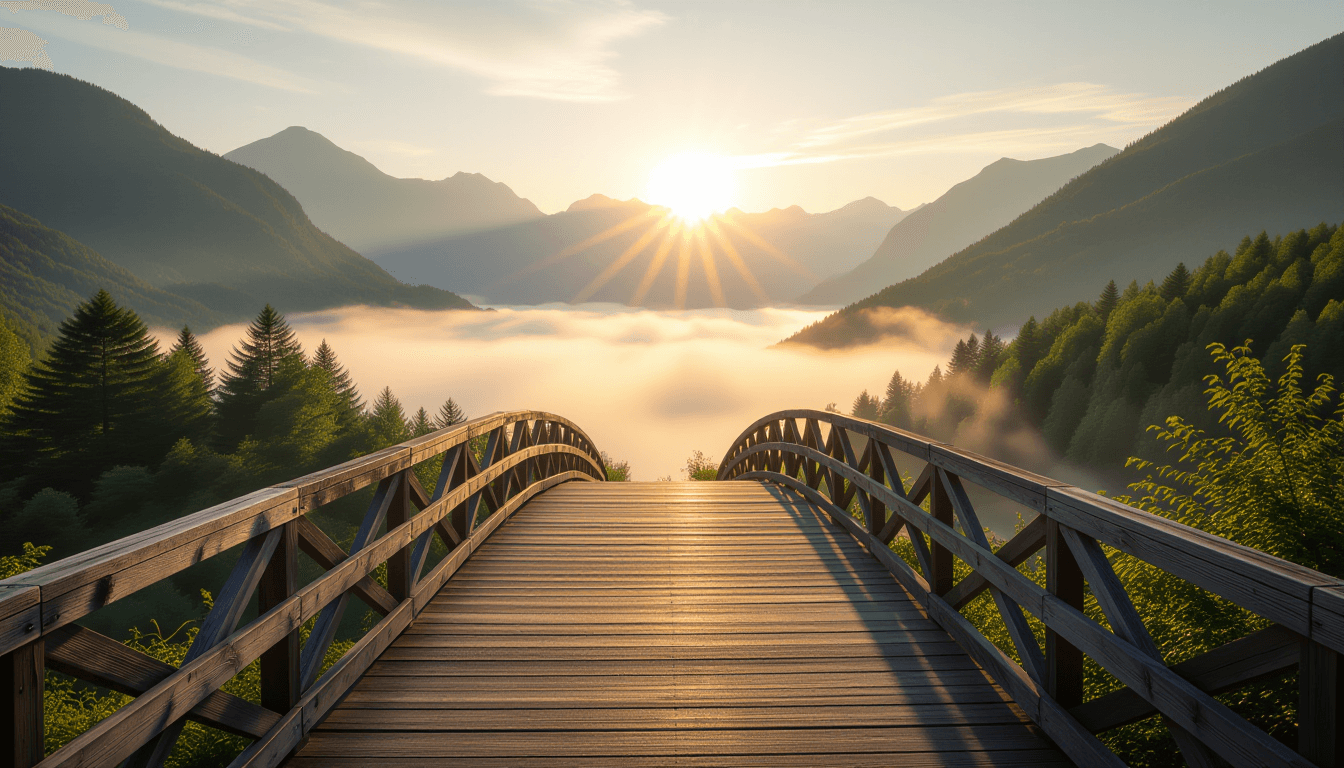 Golden hour light spills across a weathered wooden bridge spanning a misty gorge, guiding the eye ov
