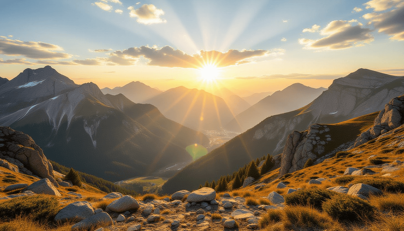 Sunlight pierces through a rugged mountain pass, illuminating the vast, silent valley below at golde
