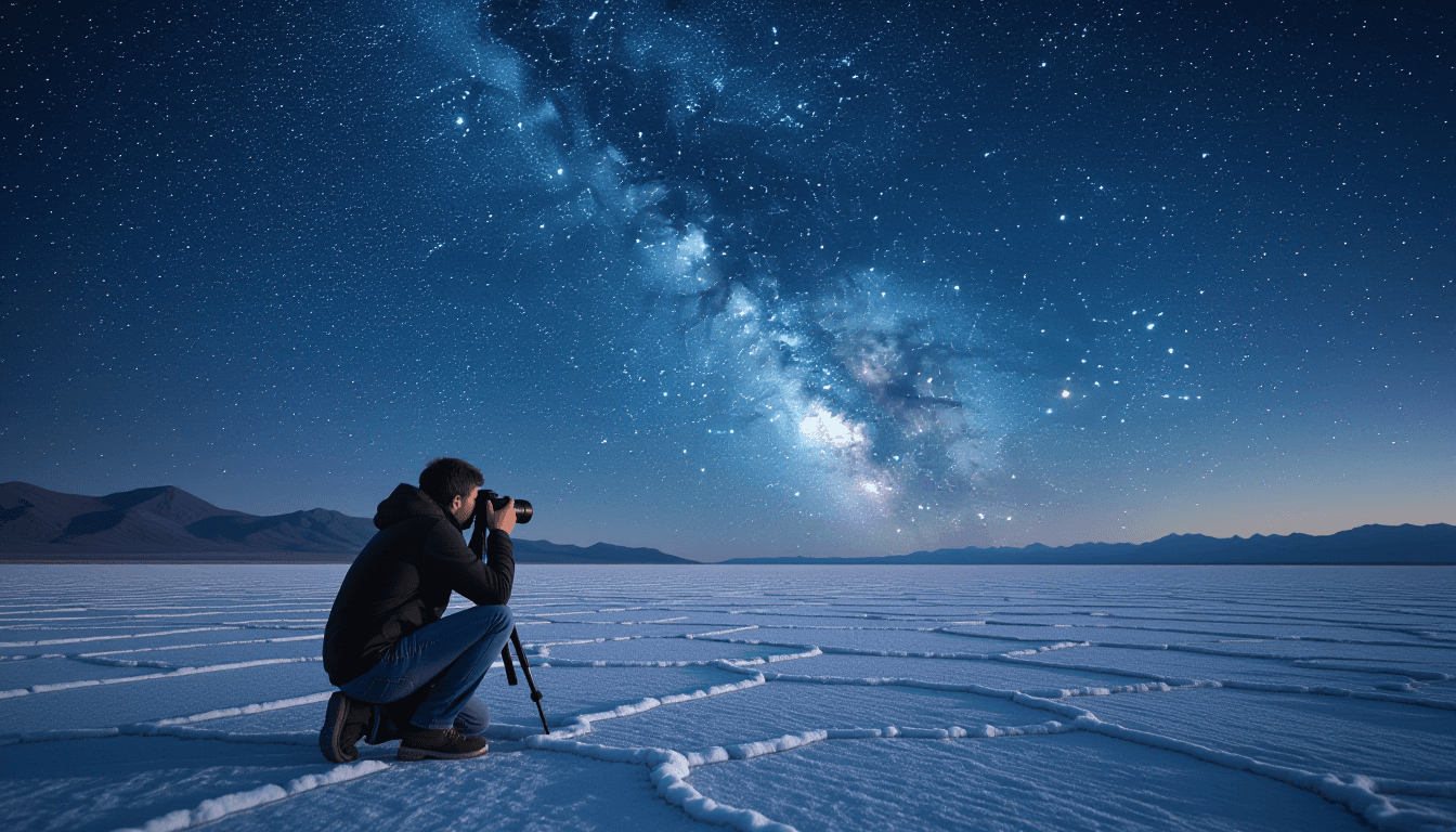 A solitary photographer kneels on a barren salt flat at dusk, lens cap off, capturing the Milky Way’