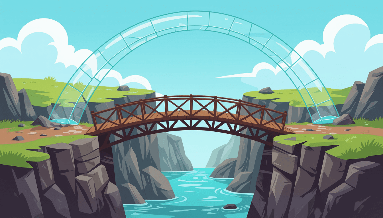 A sturdy wooden bridge built from raw stone and iron connects two cliffs, while a fragile, transpare